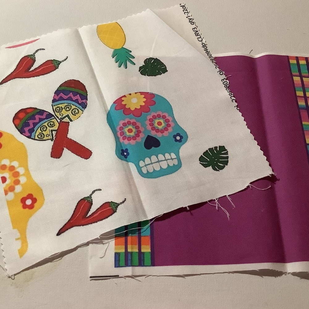 2 Mexicana Design Cotton Fabric Squares, Skull & Magenta